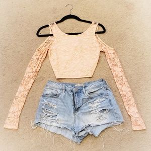 Cold Shoulder Pink Lace Crop Top